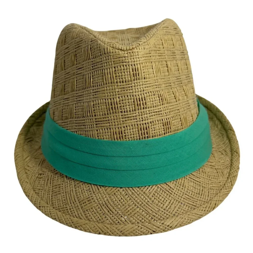 C.C Exclusives Woven Straw Fedora Hat Green Band S/M Lightweight Summer EUC